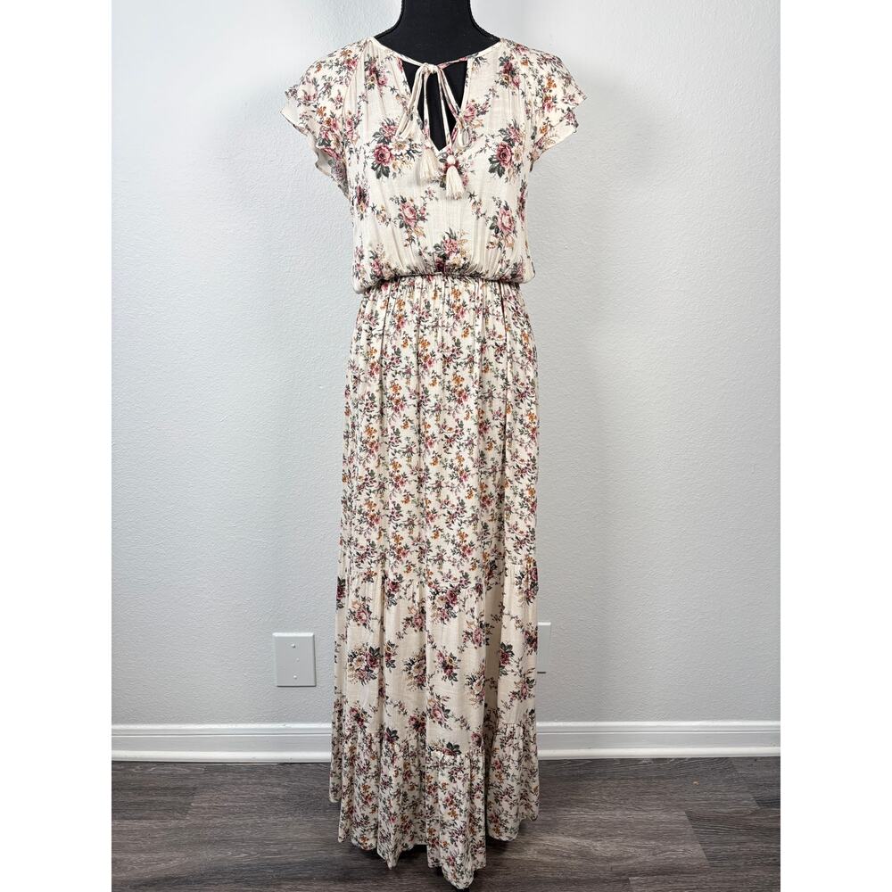 Love Stitch Neutral Prink Floral Print V Neck Tassel Tiered Maxi Dress